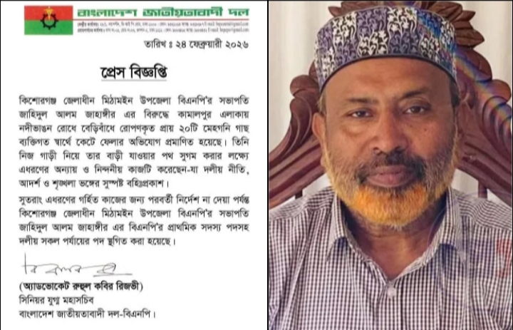 গাছ কাটার অপরাধে বহিষ্কার বিএনপি নেতা: মিঠামইনে অভিযুক্ত উপজেলা বিএনপি সভাপতি-